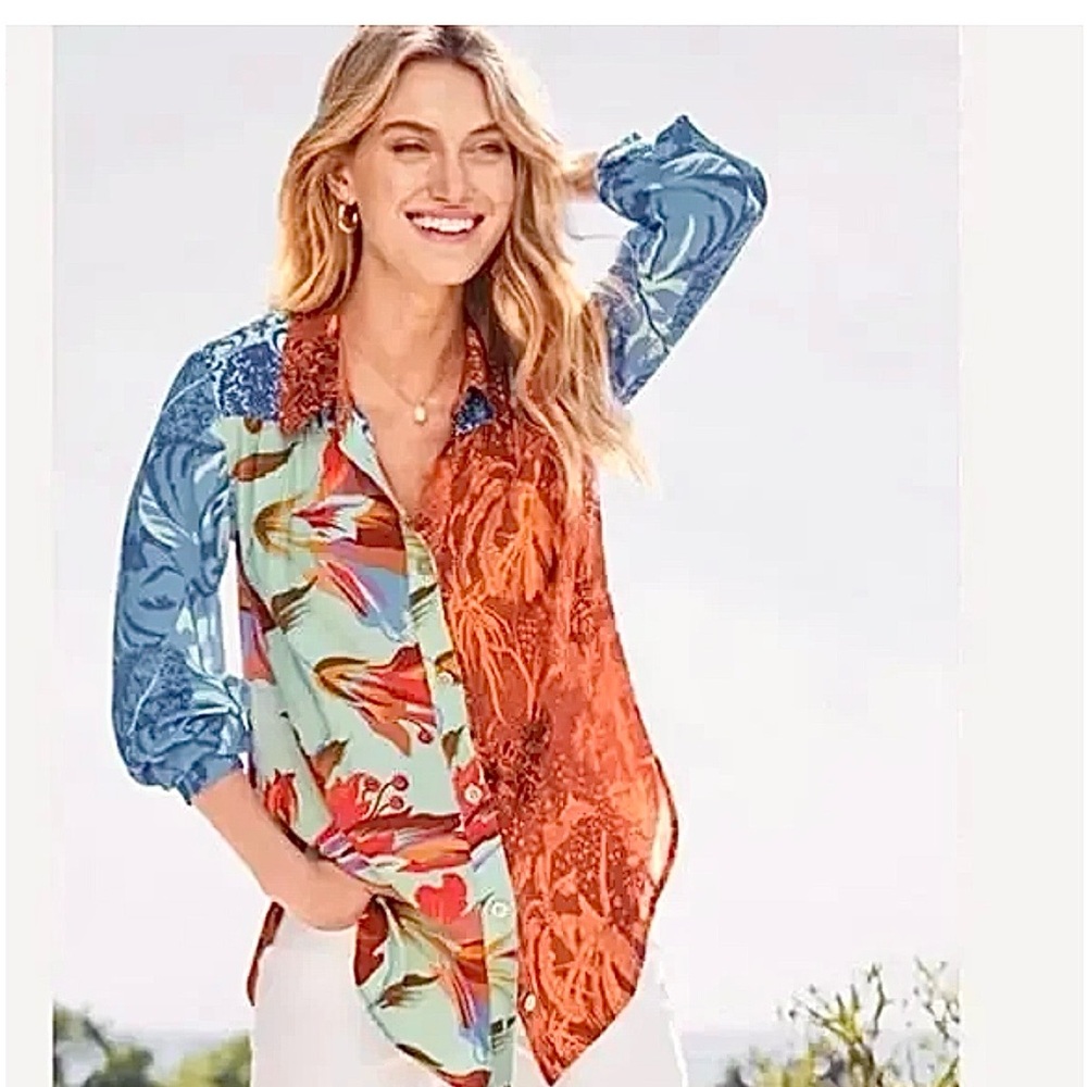 Soft Surroundings Colorful Floral Button Down Shirt